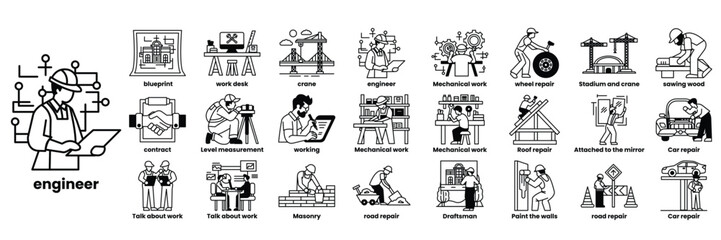 A series of images of people in various work settings, including construction in line drawing style