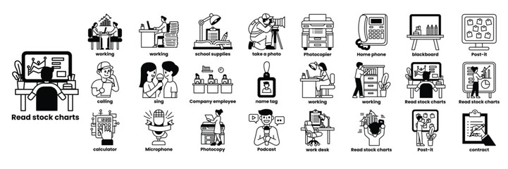 A series of images depicting various office scenes in line drawing style