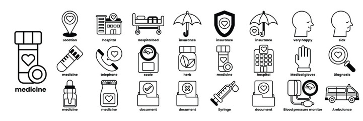 A collection of medical icons including a heart, a stethoscope, a syringe in line drawing style