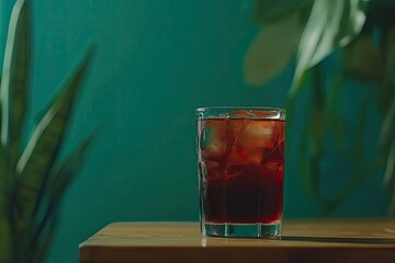 Red cocktail with ice on a wooden table
