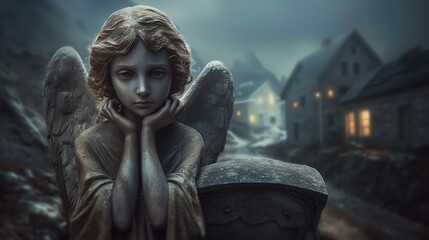 Fototapeta premium Melancholic Angel in Foggy Graveyard Scene