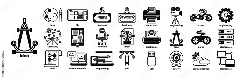 Poster a collection of icons for various technology and business concepts in line drawing style