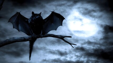 Beautiful Bat Perched on a Tree Branch Under the Moonlight