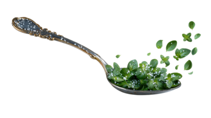 Herbs sprinkling action from a silver spoon in a kitchen setting high-quality food photography