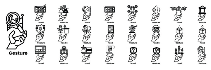 A hand holding a magnifying glass with a variety of icons on it in line drawing style