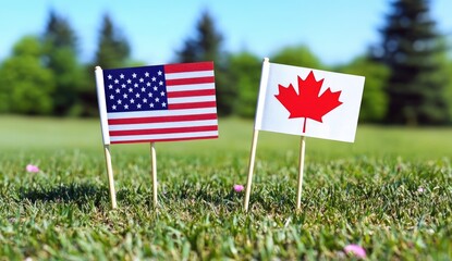 Two small flags, American and Canadian, planted in a grassy field.  The flags are positioned side-by-side, representing a peaceful relationship between the two nations