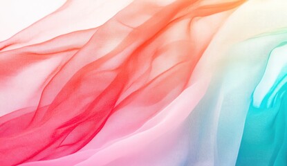 Obraz premium Colorful translucent fabric drapes in a spectrum of soft hues. The fabric flows in soft, fluid lines, showcasing a gradient effect across its surface. A sheer, light texture