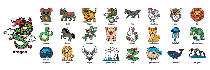 row of animals with the word animal on the left
