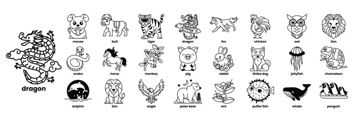 row of animals with the word animal on the left in line drawing style