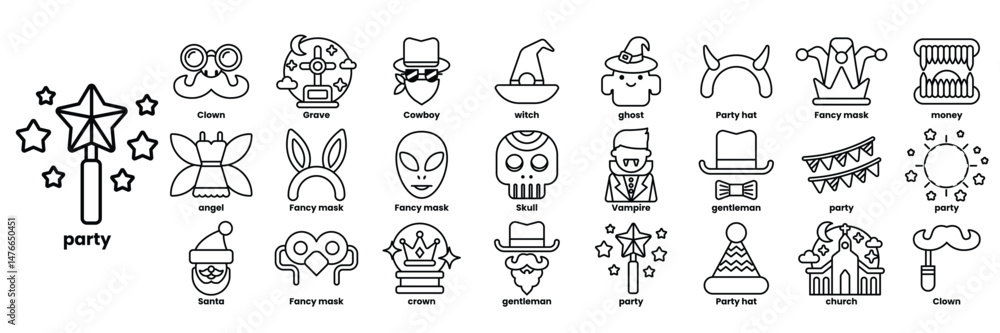 Poster a collection of cartoon characters with hats and masks, including a wizard in line drawing style
