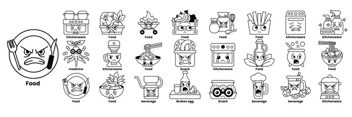 A cartoonish drawing of a plate with a variety of food items in line drawing style
