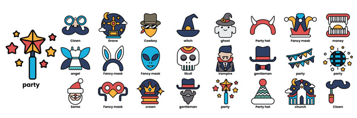 A collection of cartoon characters with hats and masks, including a wizard