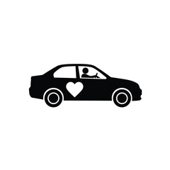 Simple black car icon with a heart symbol representing love and driving concept