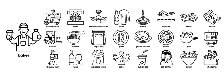 A man is holding a bag of food and a bottle of wine in line drawing style