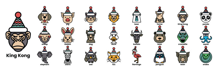 A collection of animal faces with hats on them