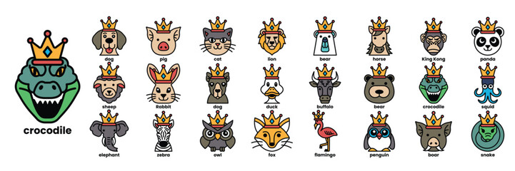 A collection of animal faces with crowns on them