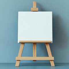 A canvas bearing abstract art is positioned in a minimalist studio, alongside a yellow easel