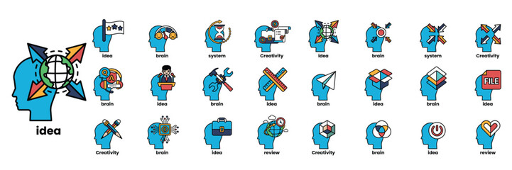 A collection of blue heads with various icons and words