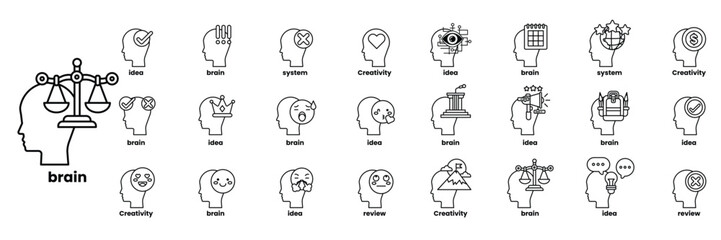 collection of heads with different expressions and words in line drawing style