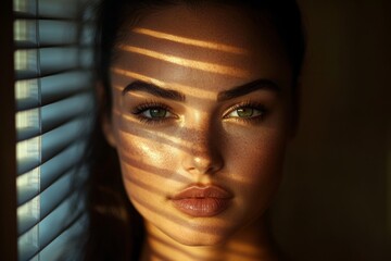 A woman with green eyes is in front of a window with a striped blind