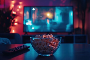 Evening Entertainment with Popcorn and TV Remote in Cozy Room with Ambient Neon Lighting