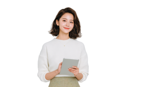 Professional woman engaging with tablet modern office portrait minimalist setting direct view technology innovation