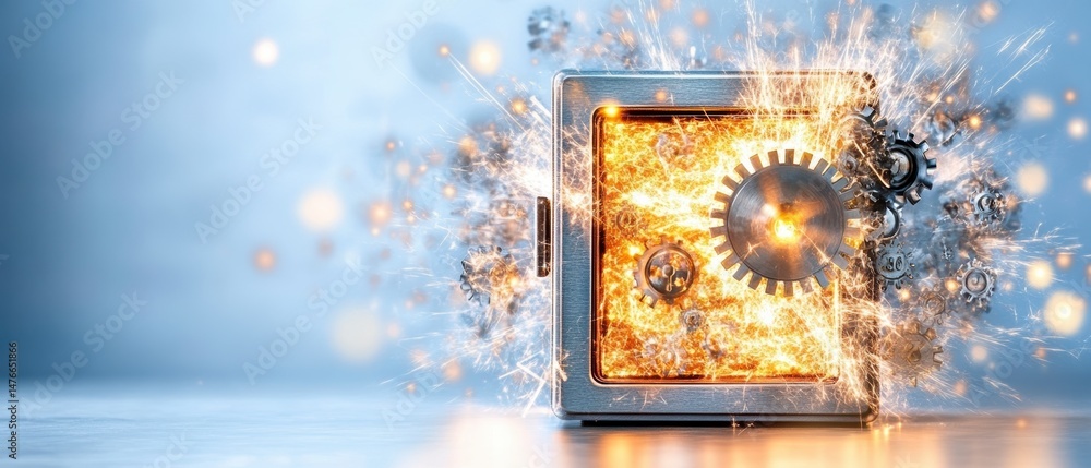 Poster explosive action unleashed mechanical safe break-in industrial setting dynamic viewpoint conceptual 