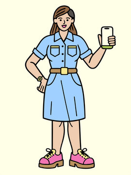 Flat and Minimal technician worker woman with shirt, skurt, shoes, holding phone
