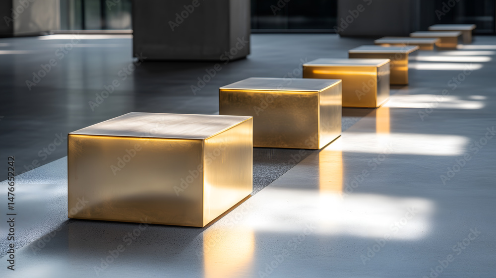 Poster golden cubes aligned creating a modern minimalist design, with shadows enhancing its geometric forms