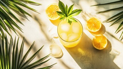 Refreshing citrus drink with ice and mint leaves surrounded by lemon slices