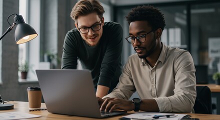 Two diverse men collaborate on laptop in modern office environment