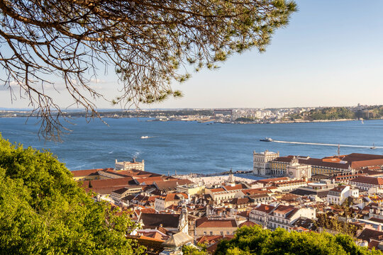 Aerial view of Praca do Comercio and the Tagus river in downtown Lisbon, Portugal