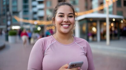 Happy Plus-Size Woman in Activewear Smiles After Outdoor Exercise, Holding Her Phone - Powered by Adobe