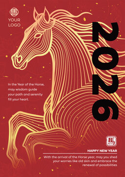 Chinese New Year of the Horse 2026 modern design in red, gold colors for cover, card, poster, banner. Flyer Template,Chinese zodiac Horse symbol.