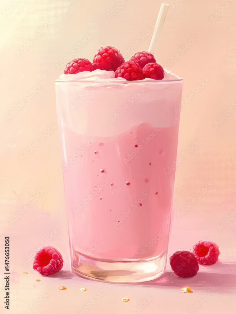 Poster refreshing raspberry smoothie in glass with straw and berries on top close up studio shot pink backg