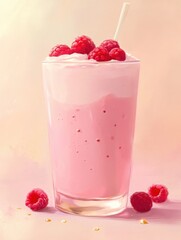 Refreshing raspberry smoothie in glass with straw and berries on top close up studio shot pink background