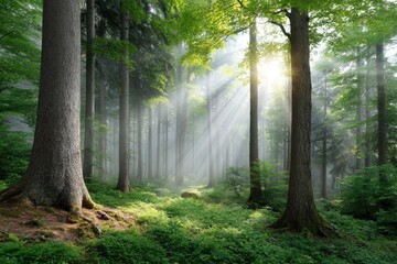 Obraz premium Sunlit Forest Path: Misty Morning, Serene Landscape