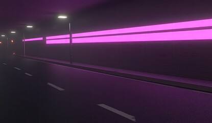 Dark tunnel with vibrant pink neon lights. Roadway stretches into the distance. Minimalist aesthetic