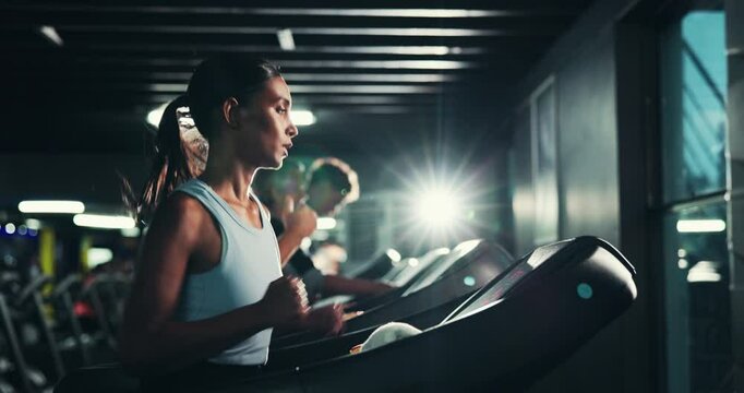 Exercise, running and woman on treadmill in gym for cardio training, health or wellness. Fitness, machine and speed with Indian athlete in sports club for challenge, performance or workout routine