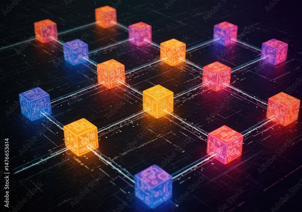 Poster abstract digital network of glowing cubes