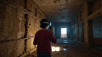 Fototapeta premium A man wearing VR glasses in an ancient architecture is looking at a virtual scene.