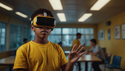 A boy wearing VR glasses is watching a virtual scene in a classroom.