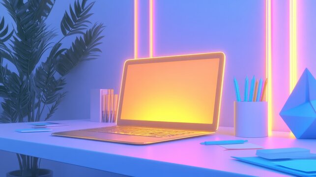 A neon-lit workspace features a glowing laptop and desk accessories in a futuristic digital art style.