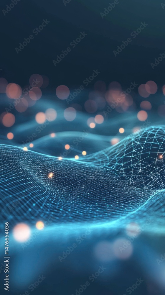 Poster Abstract Network Grid with Glowing Nodes and Bokeh Lights Digital Art Futuristic Technology Background
