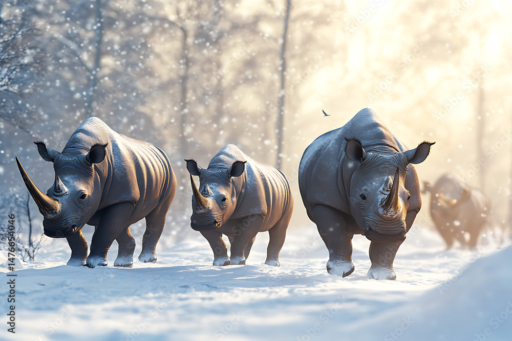 Poster three rhinoceroses walking through a snowy forest with soft sunlight filtering through trees