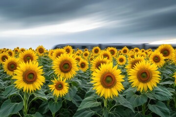 Fototapeta premium A field of sunflowers under a cloudy sky with a blurred train passing in the background.