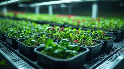 Vibrant green seedlings in plastic pots under grow lights indoor farm setup
