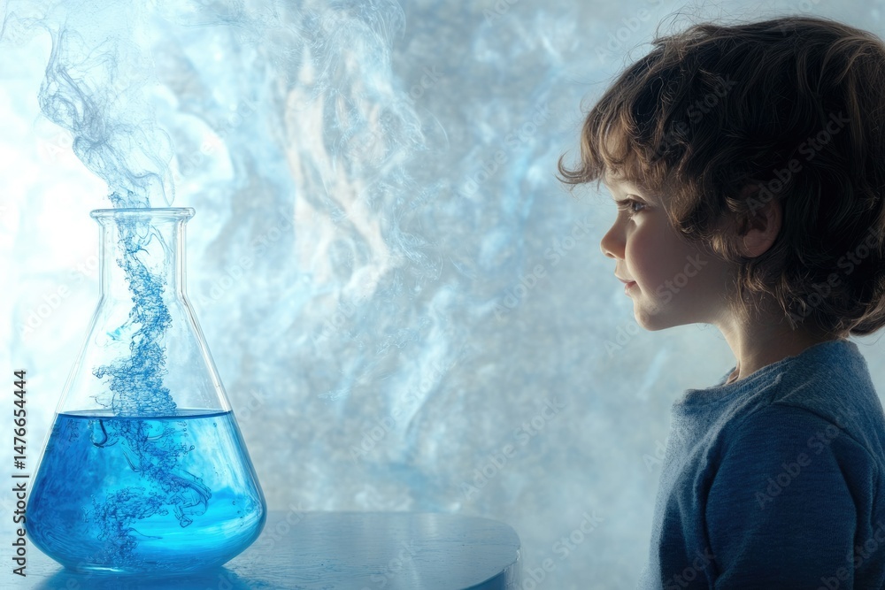 Poster a curious child observes a scientific experiment with blue liquid in an erlenmeyer flask, creating a
