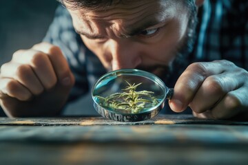 A man intently examines a cannabis plant through a magnifying glass, focusing on its details.
