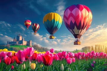Fototapeta premium Colorful hot air balloons above a field of tulips and a medieval castle at sunrise. 